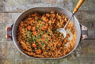 Shrimp jambalaya cooked in a Magnalite pot