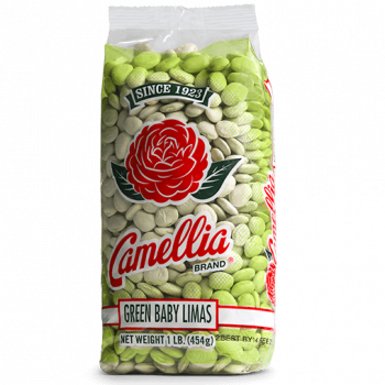 the front of a package of camellia brand green baby limas