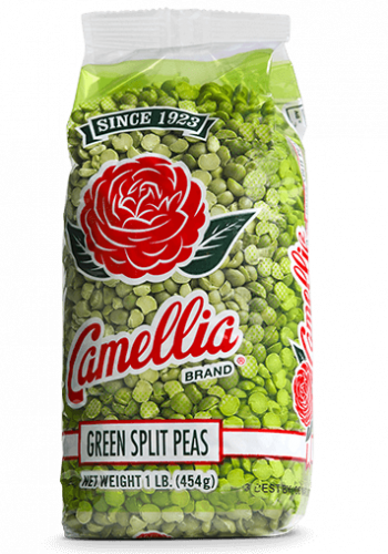 the front of a package of camellia brand green split peas