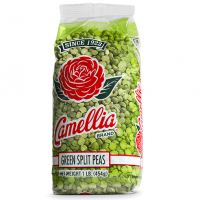 the front of a package of camellia brand green split peas