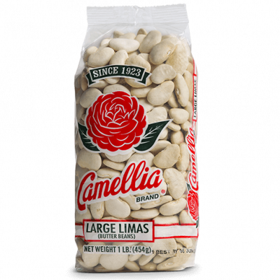 the front of a package of camellia brand large limas