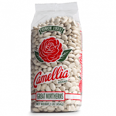 the front of a package of camellia brand great northerns