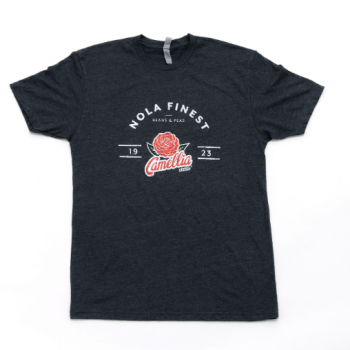 a black nola finest camellia logo shirt