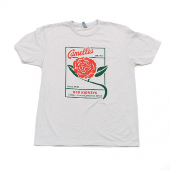 a white shirt with a camellia flower red kidney bean graphic
