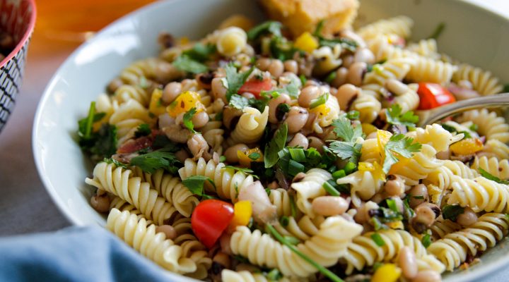 a bowl of cowboy caviar pasta