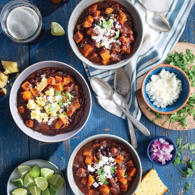 3 bowls of sweet potato black bean chilli