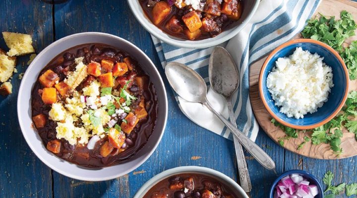 3 bowls of sweet potato black bean chilli