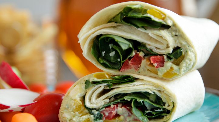 2 white bean hummas greens and veggie wrap