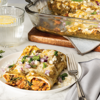 2 Pinto Bean and Kale Enchiladas with Spicy Tomatillo Salsa