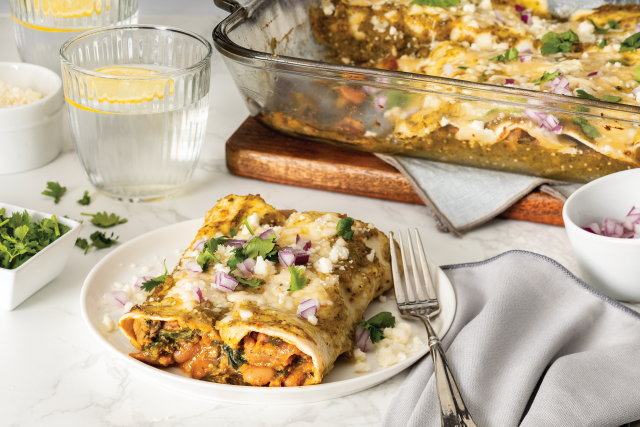 Pinto Bean and Kale Enchiladas with Spicy Tomatillo Salsa