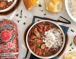 Red Beans and Rice with Smoked Ham Hock next to a package of camellia brand red kidneys