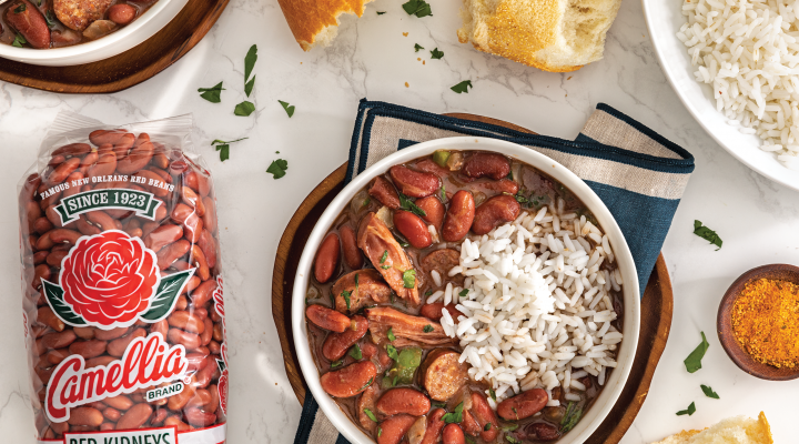 Red Beans and Rice with Smoked Ham Hock next to a package of camellia brand red kidneys