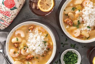 2 small bowls Lima Beans and Shrimp with white rice