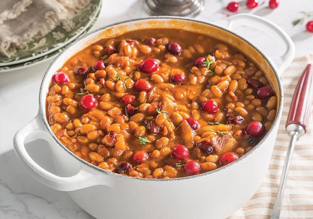 cranberry bbq baked beans in a dutch oven for Holiday Meals