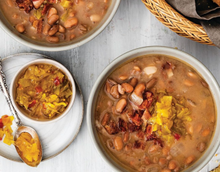 3 bowls of red beans and rice in appalacian soup with corn bread sprinkled on it