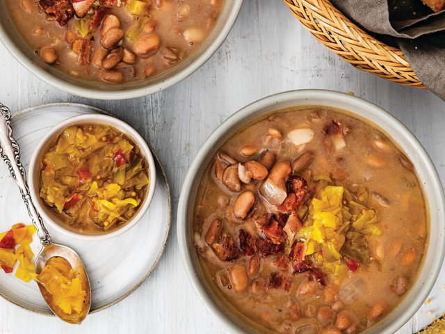 3 bowls of red beans and rice in appalacian soup with corn bread sprinkled on it