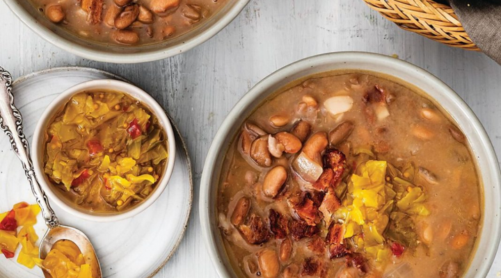 3 bowls of red beans and rice in appalacian soup with corn bread sprinkled on it