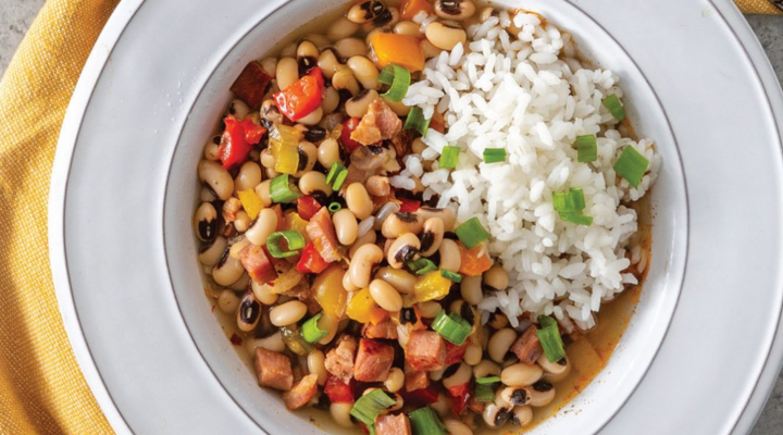 a bowl of Classic Hoppin’ John with black eyes and a side of rice