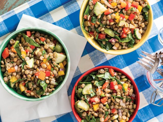 3 bowls Zippy Lentil Salad on a table