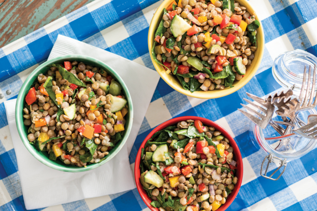 3 bowls Zippy Lentil Salad on a table