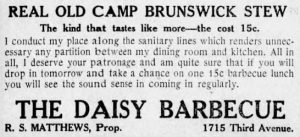 1912 bbq stand newspaper ad for camp stew