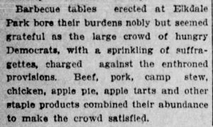 1913 newspaper article that mentions democrats and suffragettes alike enjoy camp site