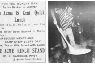 1905 acme camp stew ad, and a young camp stew cook tending to his kettle in the early 1980s