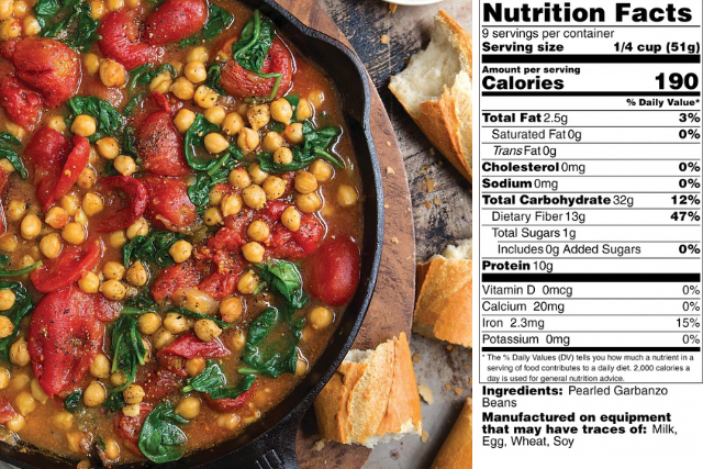 Bowl of Braised Garbanzo and Tomatoes with nutrition facts listed