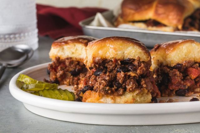 3 kid friendly beef and bean sloopy joes on a plate