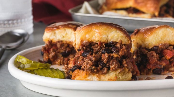 3 kid friendly beef and bean sloopy joes on a plate