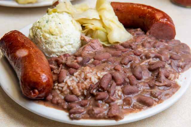 Mother's Restaurant red beans and rice with sausage and potato salad.