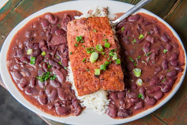A plate of red beans, rice and sausage