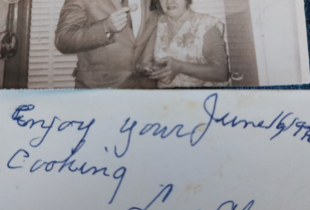 PIcture of "Maw Maw" and a friend standing in her kitchen plus a close up of the inscription Maw Maw wrote in Bonnie's book" Enjoy your cooking, Love Maw Maw"