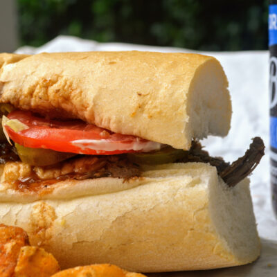 a close up of a poboy using bread from leidenhiemer baker company