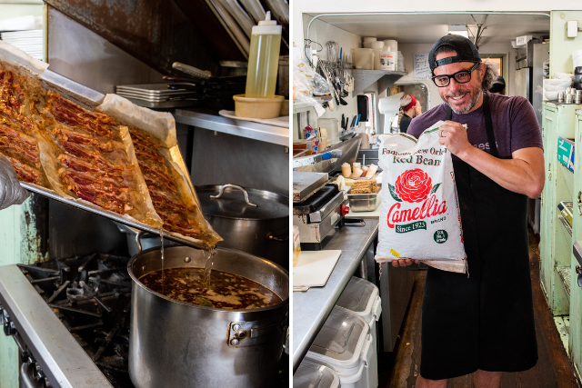 Keith's Showing Off His Secret Ingredients - Bacon fat and Camellia Red Beans