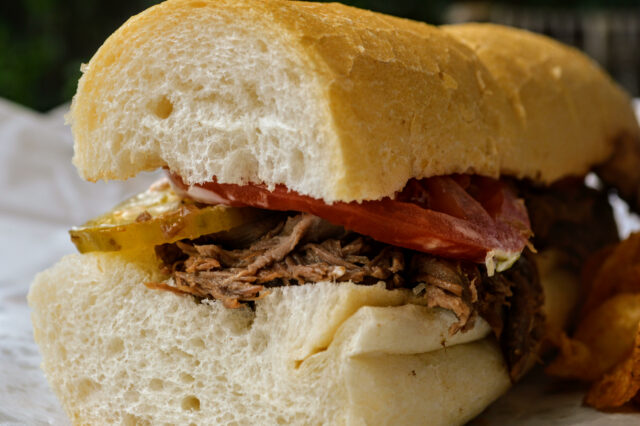 a close up of a poboy made with bread from the leidenheimer baking company