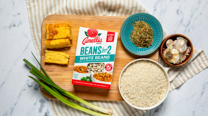 White Beans for 2 box next to uncooked rice and spices and french bread