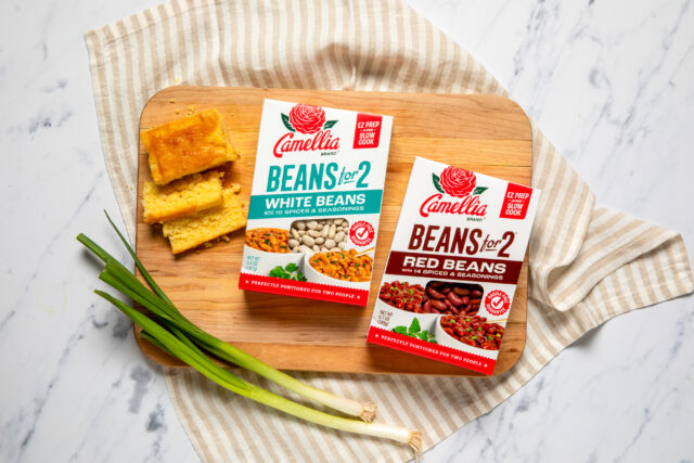 Red Beans for 2 and White Beans for 2 boxes next to green onion and cornbread