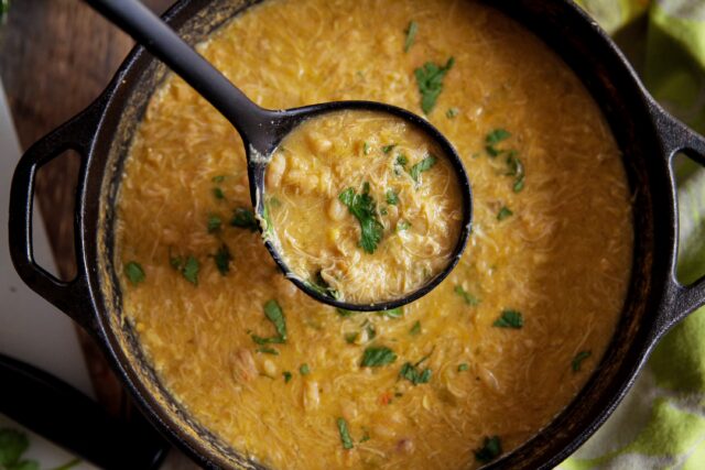 a top down view of white bean chili