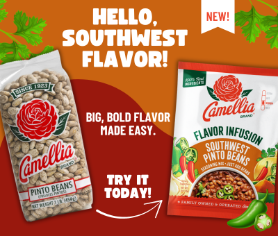 A Camellia pinto beans bag and a Southwest Pinto Beans pack on a vibrant background with cilantro and jalapeño images. Text: "Hello, Southwest Flavor! Try it today!"