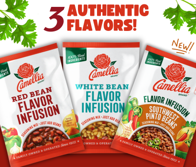 Three Camellia brand bean seasoning packets are displayed: Red Bean, White Bean, and Southwest Pinto. Text reads "3 Authentic Flavors!" with parsley accents.