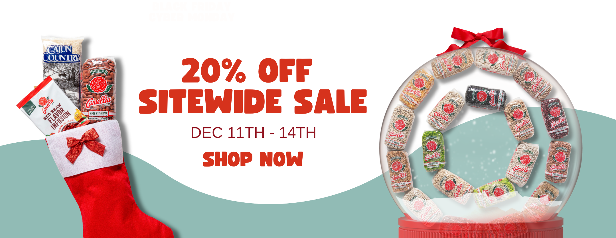 Red text reads “20% Off Sitewide Sale” from Dec 11-14. A red stocking with rice packs is on the left, and a snow globe with rice packs is on the right.