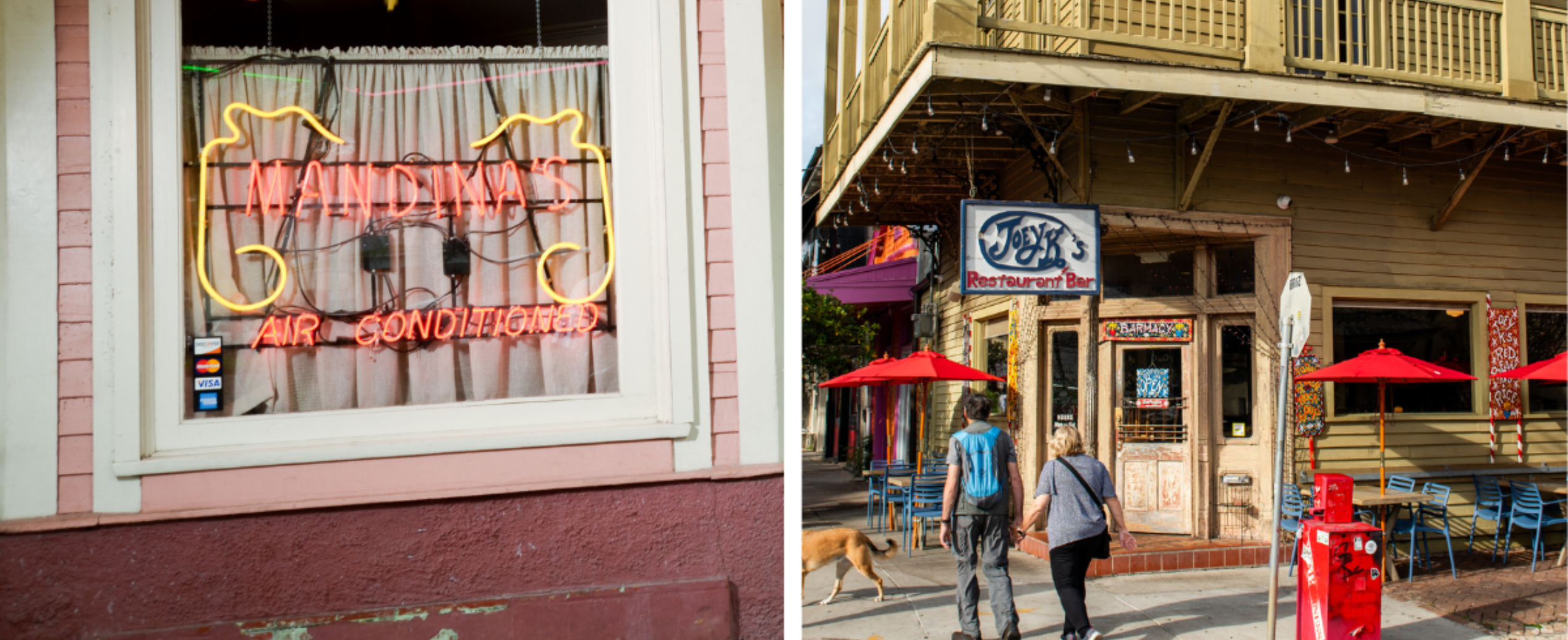 Split image of two restaurant scenes: Left shows a vintage neon sign reading "Mandina's Air Conditioned" on a pink building. Right depicts a rustic restaurant with red umbrellas and two people walking a dog on the sidewalk, conveying a lively street atmosphere.