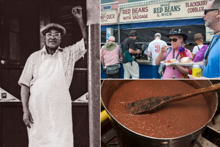 A collage of three images. Left: a vintage photo of a man in an apron smiling. Top right: a diverse group at a food stand labeled "Red Beans." Bottom right: a pot of red beans with a wooden spoon, suggesting a festive and culinary theme.