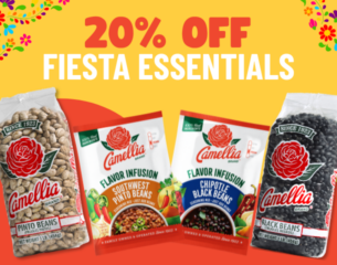20% off Fiesta Essentials featuring bags of Camellia pinto and black beans, with flavor-infused varieties. Bright, festive design with floral accents.